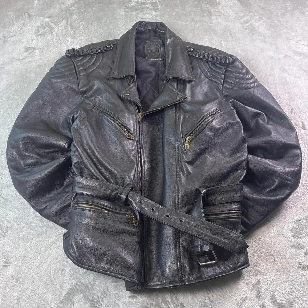 Vintage Echtes Leder Leather Motorcycle Jacket Mens XL Black Biker Moto German